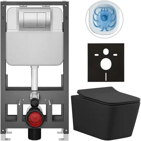 Záchody CERANO - Kompletný WC set Basic/Forte - čierna matná - WC tlačidlo Maxio/Strieborná - voľne stojaca - predstenová inštalácia - 51x36 CER-8050BD86402