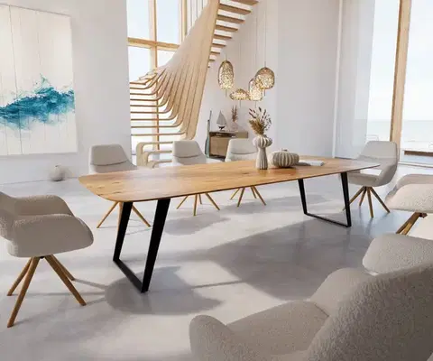 Jedálenské stoly DELIFE Jedálenský stôl Edge zaoblený tvar 300x120x2,5-3 dub prírodný kov šikmý čierny švajčiarska hrana