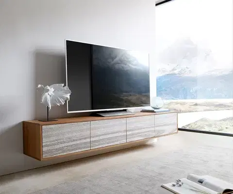 Televízne stolíky DELIFE TV stolík Kleo 200 cm akácia prírodná 4 dvierka závesný