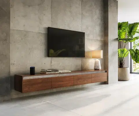 Televízne stolíky DELIFE TV stolík Stonegrace 240 cm akácia hnedá bridlica 4 dvierka závesný