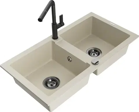 Kuchynské drezy MEXEN/S MEXEN/S - Mario granitový drez 2-bowl vrátane batérie Flora, béžová 6504-69-670401-70-B