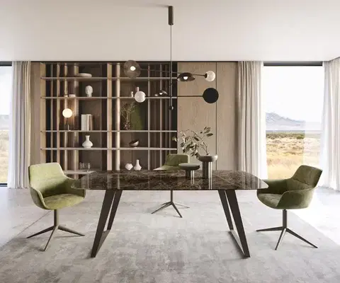 Jedálenské stoly DELIFE Jedálenský stôl Edge zaoblený 200x100 keramika Laminam® Emperador Extra Lucidato tmavohnedá kov efektové prevedenie titánová skosený