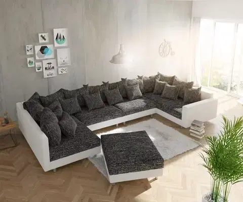 Sedacie súpravy XL DELIFE Pohovka v tvare U Clovis XL biela čierna taburet opierka modulárna