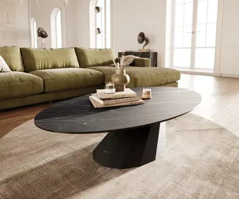 Konferenčné stolíky DELIFE Konferenčný stolík Edge oválny 140x80 cm keramika Laminam® Noir Desir hnedá Parabi kov čierna