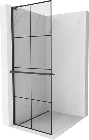 Sprchové dvere MEXEN/S - Kioto+ L Sprchová zástena WALK-IN s poličkou a držiakom uterákov 80 x 200, čierny vzor, čierna 800-080-123-70-77