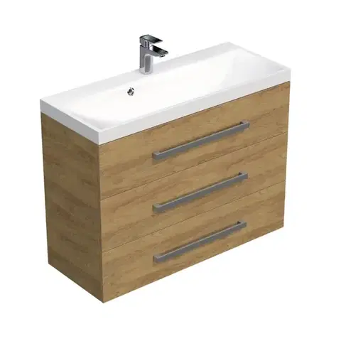 Kúpeľňový nábytok Kúpeľňová skrinka s chrómovými úchytmi a umývadlom SAT Cube Way 100x71x40 cm dub Hickory mat CUBE21003DH CUBE21003DH