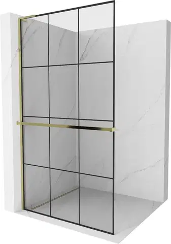 Sprchové dvere MEXEN/S - Kioto+ L Sprchová zástena WALK-IN s poličkou a držiakom uterákov 100 x 200, čierny vzor, zlatá 800-100-123-50-77