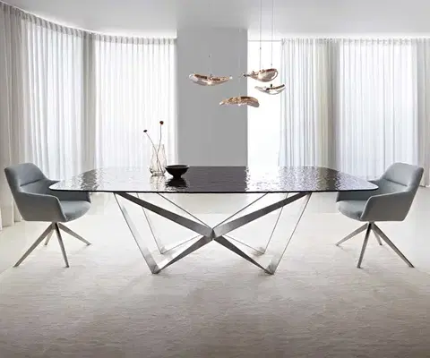 Jedálenské stoly DELIFE Jedálenský stôl Edge zaoblený tvar 240x120 reliéfne sklo dymovo čierna 3D dizajn Spider plochá oceľ nerezová oceľ