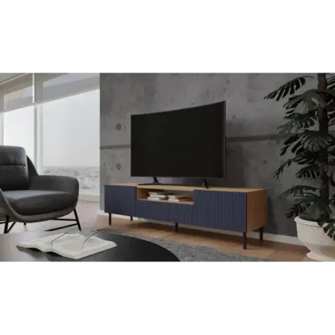 TV stolíky CAMILA štýlový TV stolík na nožičkách, modrý / dub Artisan