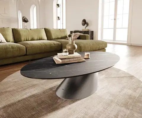 Konferenčné stolíky DELIFE Konferenčný stolík Edge oválny 140x80 cm keramika Laminam® Noir Desir hnedá Conis nerezová oceľ kefovaná