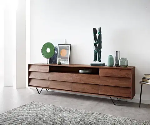 Komody DELIFE Komoda Eloi 240x40 cm akácia hnedá 2 dvierka 6 zásuviek podstava v tvare V čierna