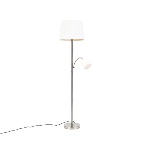 Stojace lampy Klasická stojaca lampa oceľ s bielym tienidlom a lampou na čítanie - Retro