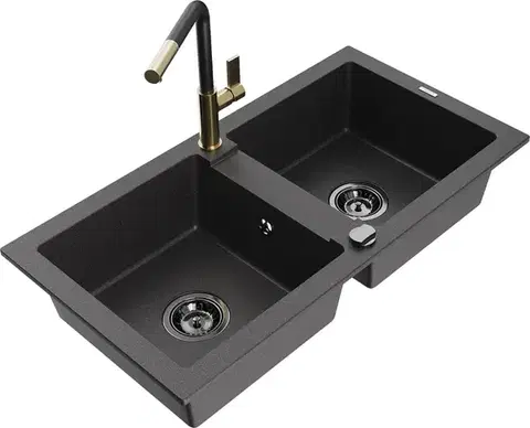 Kuchynské drezy MEXEN/S MEXEN/S - Mario granitový drez 2-bowl vrátane batérie Flora, čierna kropenatá 6504-76-670401-57-B