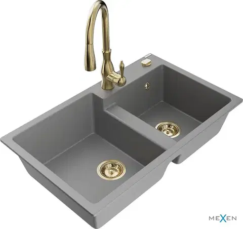 Kuchynské drezy MEXEN/S MEXEN/S - Tomas granitový drez 2-bowl vrátane batérie Savita, šedá 6516-71-672601-50