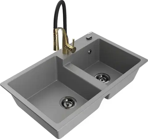 Kuchynské drezy MEXEN/S MEXEN/S - Tomas granitový drez 2-bowl vrátane batérie Aster, šedá 6516-71-73450-57-B