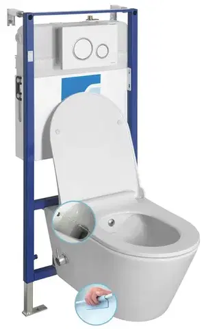 Záchody SAPHO - Závesné WC AVVA CLEANWASH, integr. batéria a bidet. sprška s podomietkovou nádržkou a tlačidlom Schwab, biela 100315-SET5