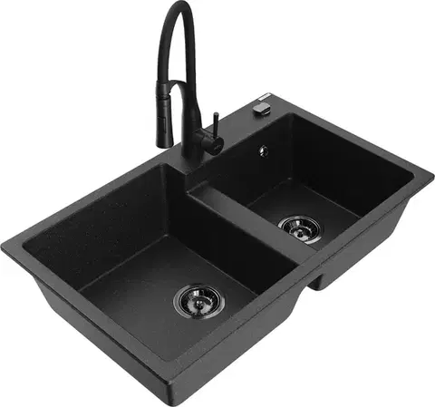 Kuchynské drezy MEXEN/S MEXEN/S - Tomas granitový drez 2-bowl vrátane batérie Aster, čierna/strieborná metalík 6516-73-73450-70-B