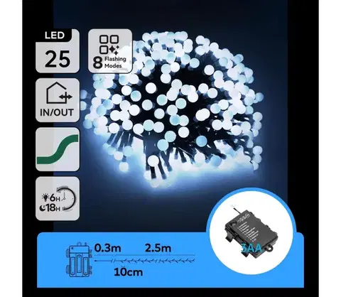 LED osvetlenie  B.V.  - LED vonkajší vianočný svetelný reťazec 25xLED/8 funkcií 3xAA 2,8m IP44 studená biela B10303K5J