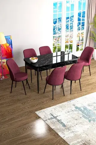Jedálenské sety Extendable Dining Table & Chairs Set (7 Pieces) Han - Black Marble, Burgundy