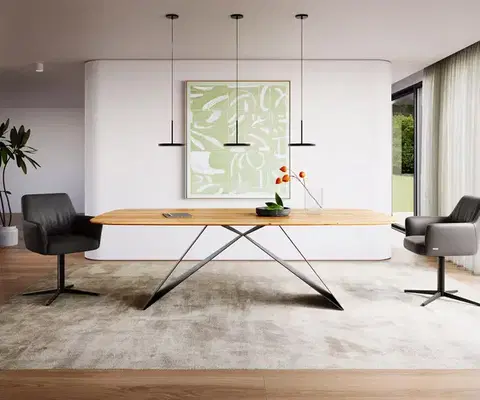 Jedálenské stoly DELIFE Jedálenský stôl Edge oválny 240x120x2,5-3 cm dub prírodný podstava v tvare V plochá oceľ čierna švajčiarska hrana