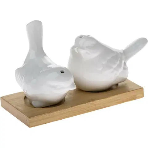 Soľničky a koreničky Porcelánová soľnička a korenička s podtáckou Vtáčiky