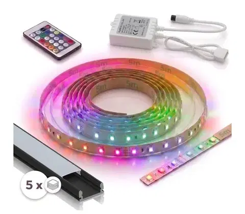 LED osvetlenie SmartLED Sada 1× digitálny LED RGBW pásik 5 m (16,5 W / 230 V) + 5× zapustený profil po 1 m + diaľkový ovládač 5xSD0029+1xW4305
