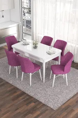 Jedálenské sety Extendable Dining Table & Chairs Set (7 Pieces) Eva - White, Purple