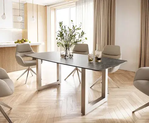 Jedálenské stoly DELIFE Jedálenský stôl Edge oválny tvar 200x100 keramika Laminam® Nero Greco antracitová nerezová oceľ široký