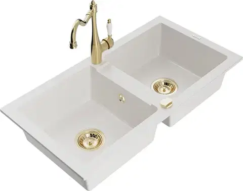 Kuchynské drezy MEXEN/S MEXEN/S - Mario granitový drez 2-bowl vrátane batérie Carla, biela 6504-20-670700-50