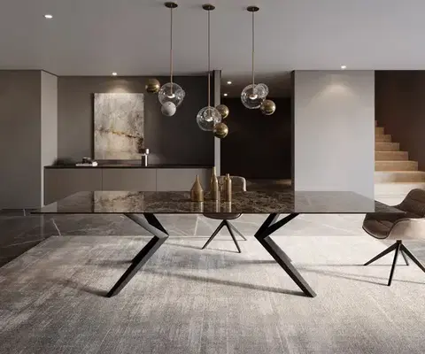 Jedálenské stoly DELIFE Jedálenský stôl Edge 300x100 keramika Laminam® Emperador Extra Lucidato tmavohnedá Zenthara hranatý kov čierna