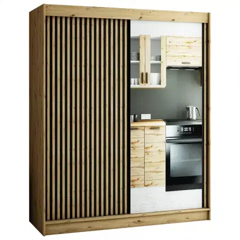 Šatníkové skrine Skriňa Lamelo 2 180 Dub Artisan/čierna/Zrkadlo