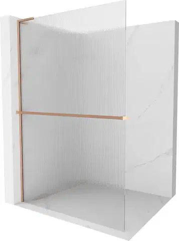 Sprchové dvere MEXEN/S - Kioto+ L Sprchová zástena WALK-IN s poličkou a držiakom uterákov 80 x 200, prúžky, meď kartáčovaná 800-080-123-65-09