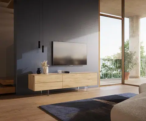 Televízne stolíky DELIFE TV stolík Cuor 180 cm keramika Laminam® Sabbia dubová farba 1 výklopné dvierka 2 zásuvky podstava závesná akrylové sklo
