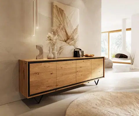 Komody DELIFE Komoda Stonegrace 200 cm dub prírodná 4 dvierka kamenná dyha podstava v tvare V kov čierna