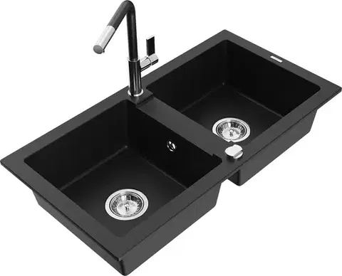 Kuchynské drezy MEXEN/S MEXEN/S - Mario granitový drez 2-bowl vrátane batérie Flora, čierna 6504-77-670401-07