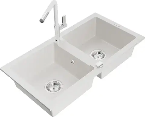 Kuchynské drezy MEXEN/S MEXEN/S - Mario granitový drez 2-bowl vrátane batérie Flora, biela 6504-20-670401-02