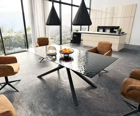 Jedálenské stoly DELIFE Jedálenský stôl Edge 200x100 reliéfne sklo dymovo čierna 3D dizajn krížová podstava hranatý čierna