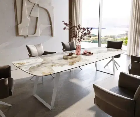 Jedálenské stoly DELIFE Jedálenský stôl Edge zaoblený tvar 300×120 cm keramika Minas Melange bielo-béžová kov šikmý biely