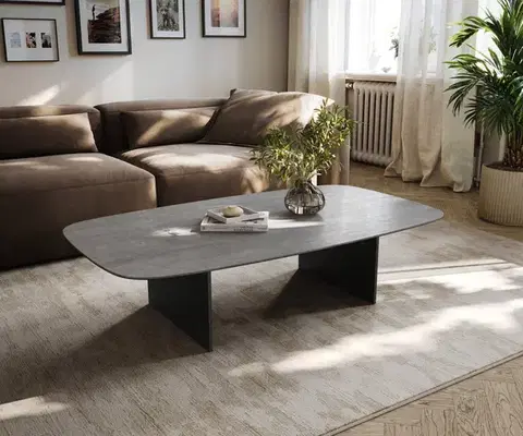 Konferenčné stolíky DELIFE Konferenčný stolík Edge zaoblený tvar 140×80 cm keramika betónová sivá Salto kov čierna