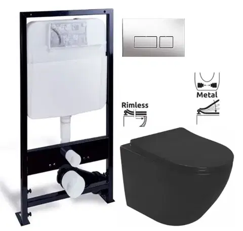 Záchody PRIM předstěnový instalační systém s chromovým tlačítkem 20/0041 + WC REA CARLO MINI RIMLESS ČIERNY MAT + SEDADLO PRIM_20/0026 41 MM1