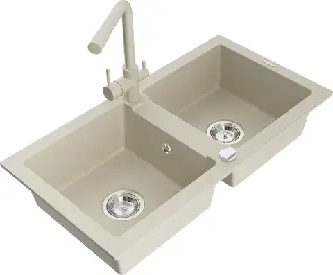 Kuchynské drezy MEXEN/S MEXEN/S - Mario granitový drez 2-bowl vrátane batérie Duero, béžová 6504-69-671600-69