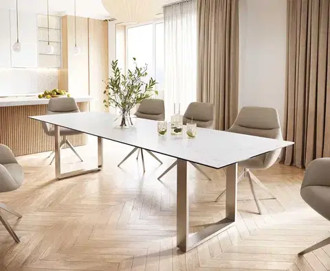 Jedálenské stoly DELIFE Jedálenský stôl Edge 300x100 keramika Laminam® Statuarietto biela nerezová oceľ úzky