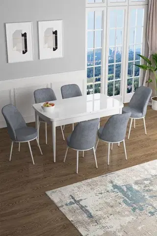 Jedálenské sety Extendable Dining Table & Chairs Set (7 Pieces) Han - White, Grey