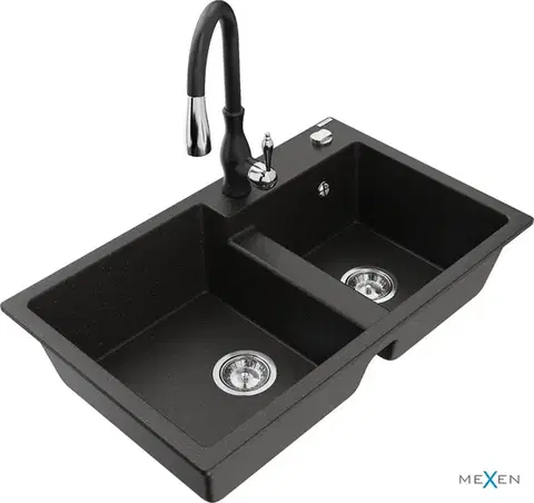 Kuchynské drezy MEXEN/S MEXEN/S - Tomas granitový drez 2-bowl vrátane batérie Savita, čierna/zlatá metalik 6516-75-672601-70