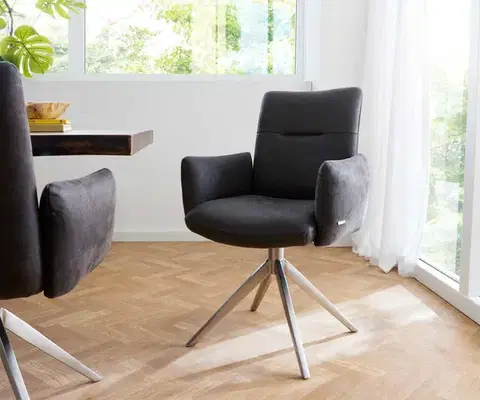 Jedálenské stoličky DELIFE Otočná jedálenská stolička Jova-Flex s opierkami mikrovlákno antracit vintage krížová podstava široká nerezová oceľ 360° otočná vrecková pružina