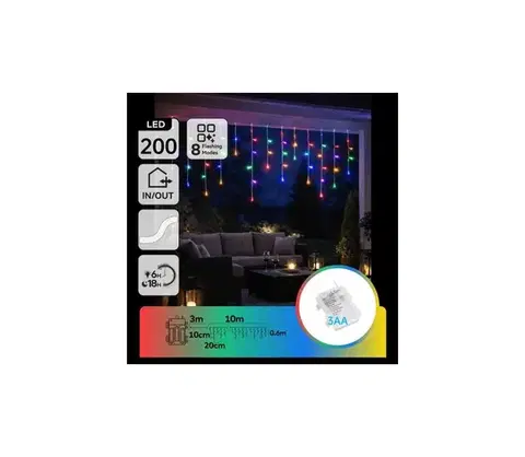 LED osvetlenie  B.V.  - LED Vonkajšia vianočná reťaz 200xLED/8 funkcií 3xAA 13x06m IP44 viacfarebná B10303K44