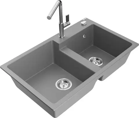 Kuchynské drezy MEXEN/S MEXEN/S - Tomas granitový drez 2-bowl vrátane batérie Flora, šedá 6516-71-670401-00