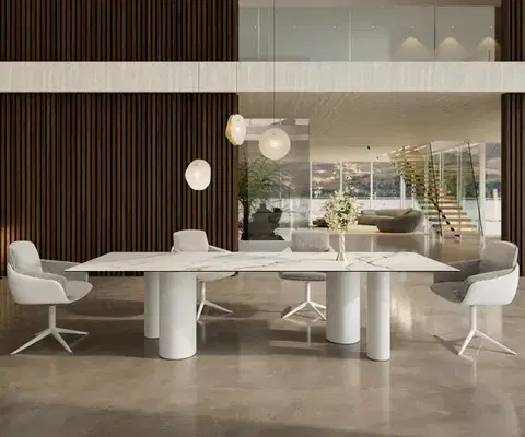 Jedálenské stoly DELIFE Jedálenský stôl Edge 300x100 keramika Calacatta Luxe bielo-zlato-šedá kovová podstava biela