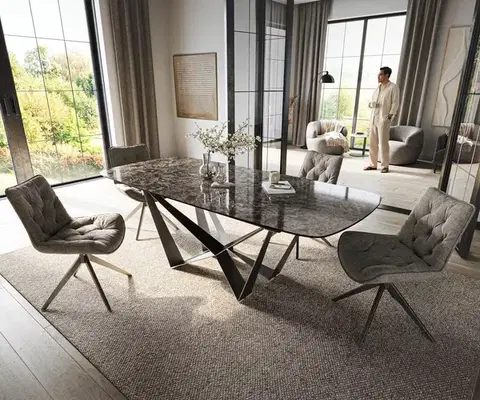 Jedálenské stoly DELIFE Jedálenský stôl Edge zaoblený 180-220×100 cm keramika Emperador Extra Lucidato tmavohnedá Spider plochá oceľ nerezová oceľ grafit rozkladací