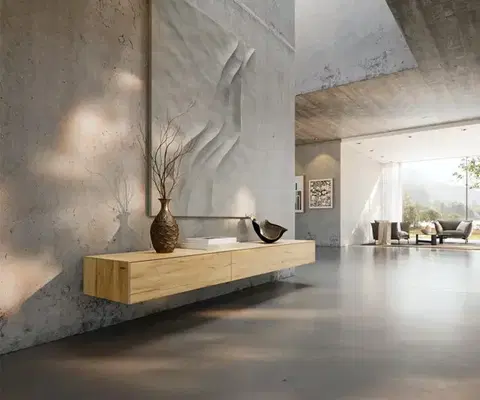 Televízne stolíky DELIFE TV stolík Cuor 200 cm keramika Laminam® sabbia v dubovej farbe 1 výklopné dvierka 1 zásuvka závesné